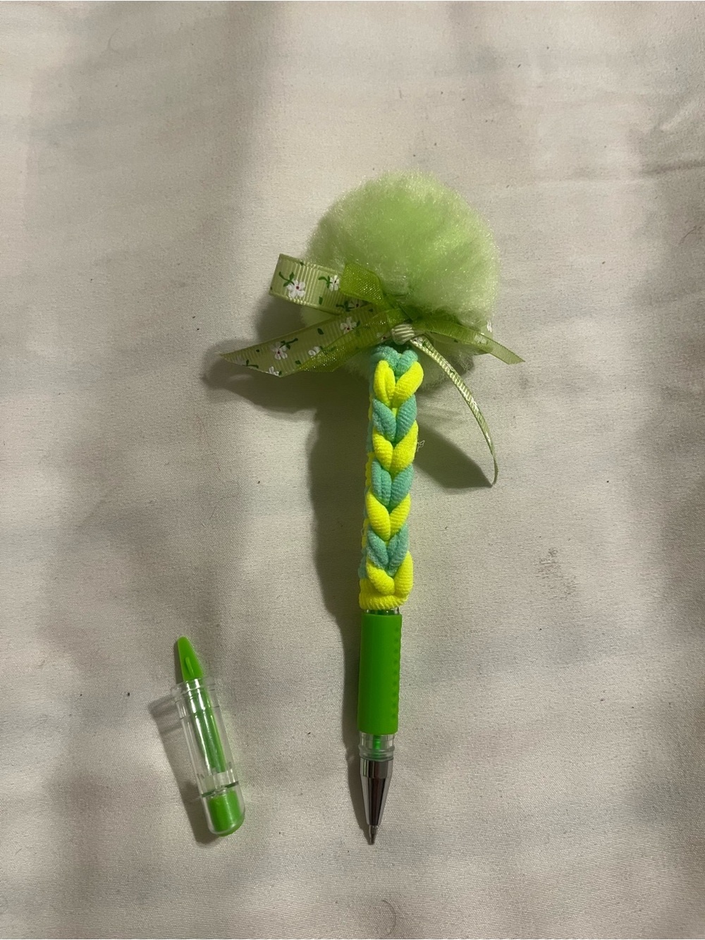 Mint Green & Neon Yellow Pom-Pom Headband and Braided Clip for Kids - Picture 2 of 3
